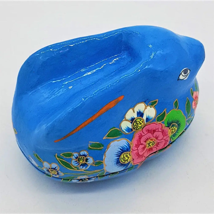 Vibrant blue ceramic rabbit trinket box with colorful floral patterns kashmiri style by dalit goods