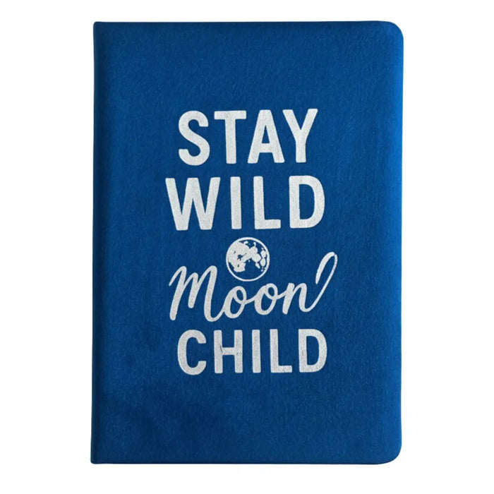 Dark blue velvet notebook with 80 pages featuring white stay wild moon child text and a small globe graphic on cover