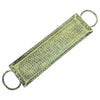 A rectangular hammered brass decorative serving tray with distressed green finish and ring handles on each end