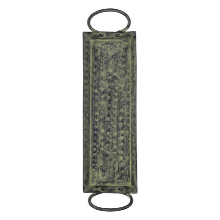 The Window, Milford Haven medium rectangular iron tray with a distressed green finish and two circular handles.