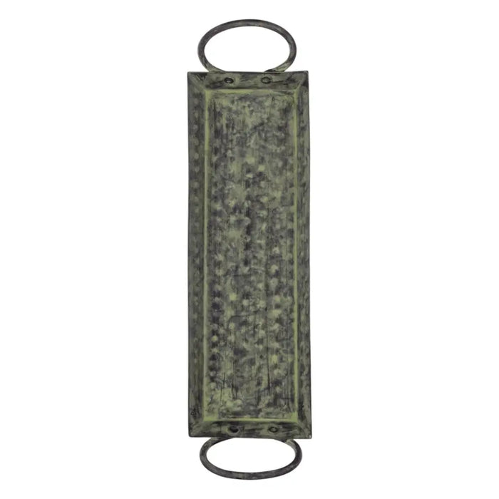 A rectangular decorative serving tray with distressed green finish metal and ring handles on each side