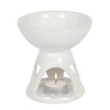 White ceramic deep bowl oil burner with geometric cutouts and lit tealight candle inside
