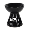 Deep bowl ceramic oil burner in black glossy finish with bowl top and triangular cutouts on base made of ceramic