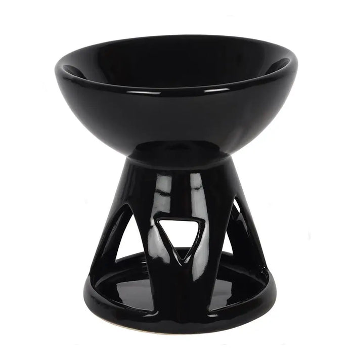 Deep bowl ceramic oil burner in black glossy finish with bowl top and triangular cutouts on base made of ceramic