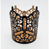 Black metal votive candle holder with die-cut patterns and warm gold interior prussian style metal votive