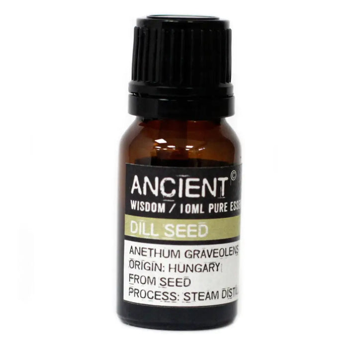 A small amber glass bottle with black ribbed cap containing 10ml dill seed essential oil labeled ancient wisdom