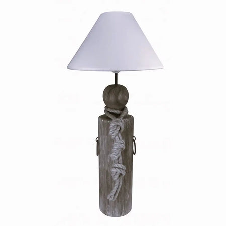 Rustic gray wooden dock post lamp with white conical shade and decorative fisherman’s rope wrapping