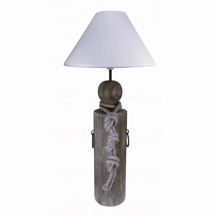 Rustic gray wooden dock post lamp with white conical shade and decorative fisherman’s rope wrapping