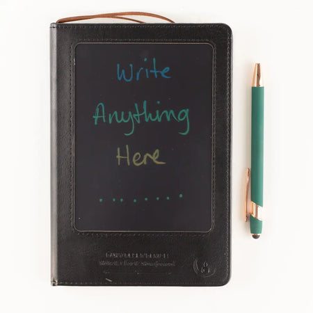 Black leather effect digital notepad with lcd wipe screen showing colorful handwriting on the chalkboard surface
