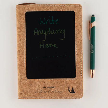 Doodlers delight wipe screen notebook with cork leather effect and black lcd wipe screen showing green cursive text