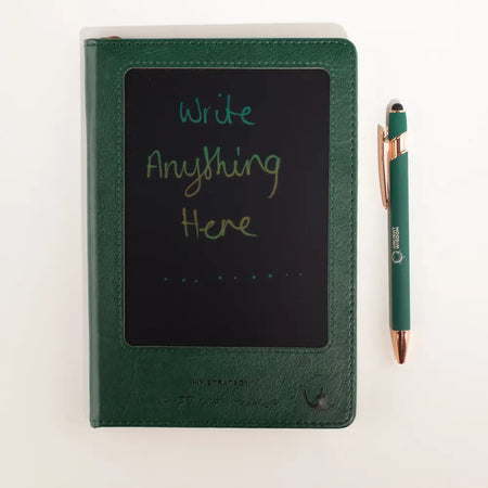 Green leather effect doodlers delight wipe screen notebook with lcd wipe screen and matching green pen with rose gold accents