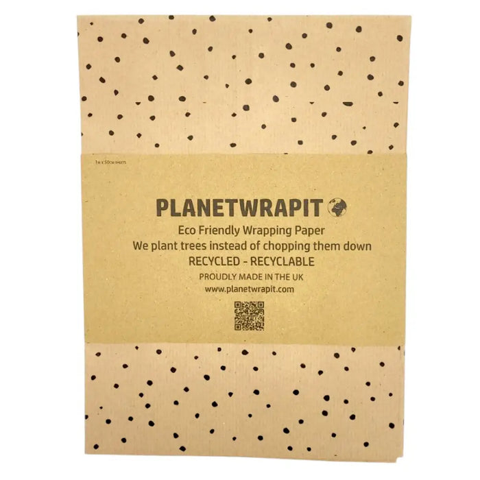 Brown recycled kraft wrapping paper with black polka dots and planetwrapit label folded as an a4 sheet