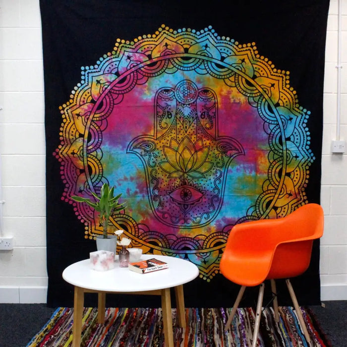Double cotton bedspread with a vibrant rainbow hamsa hand and mandala patterns on black for bed or wall hanging