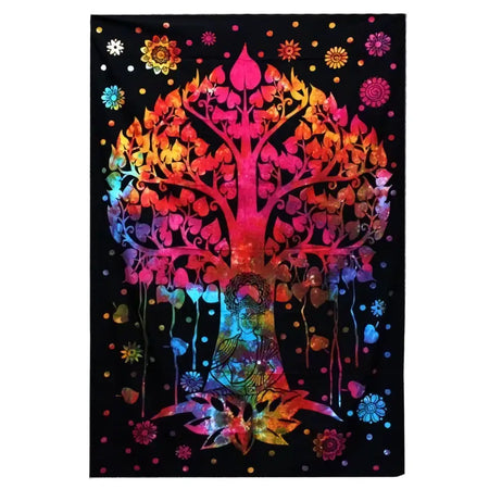 Double cotton bedspread with a rainbow tree of life and buddha design on black background with colorful flowers