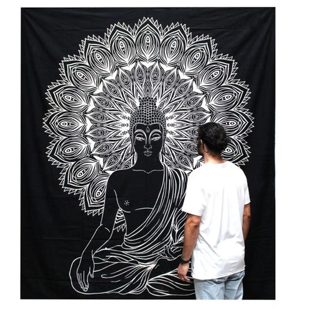 Black cotton bedspread wall hanging with white line art buddha meditation and intricate mandala design