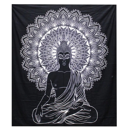 Black cotton bedspread wall hanging with white line-art buddha and intricate symmetrical mandala design