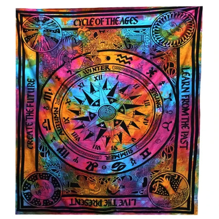 Vibrant psychedelic tie-dye double cotton bedspread with compass zodiac design and cycle of the ages text