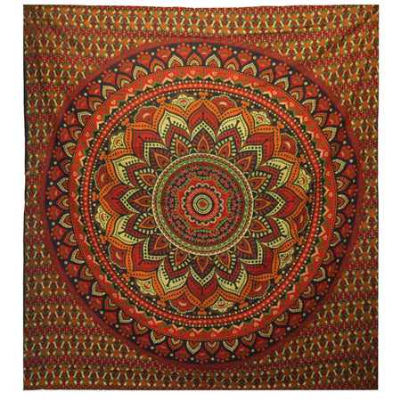 Double cotton bedspread wall hanging with vibrant red orange and green classic mandala geometric patterns