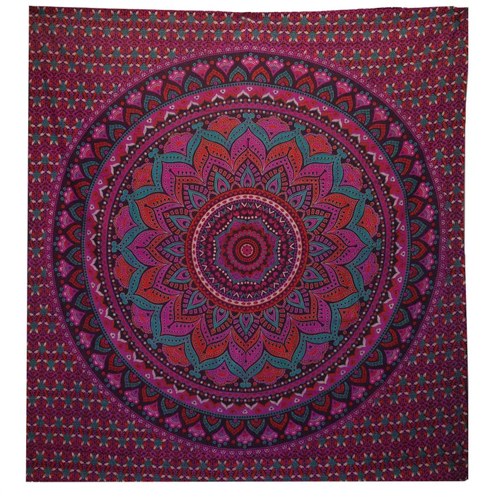 Double cotton bedspread wall hanging with vibrant purple and teal intricate geometric classic mandala design