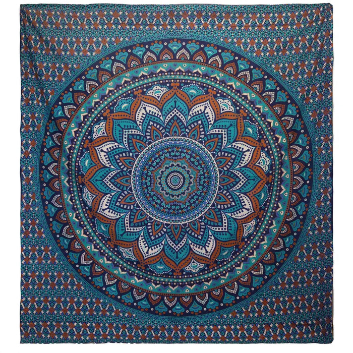 A double cotton bedspread with a vibrant teal and brown mandala and layered geometric patterns on cotton fabric