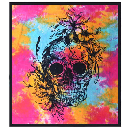 Vibrant tie-dye double cotton bedspread with a colorful sugar skull and floral designs for wall hanging or bedding
