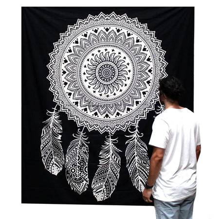 Black and white double cotton bedspread with dreamcatcher design and intricate white mandala and feather patterns