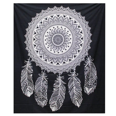 Black and white double cotton bedspread with dreamcatcher design featuring white mandala and feather patterns