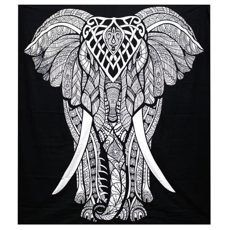 Black cotton bedspread with detailed white elephant design featuring ornate patterns and tribal motifs
