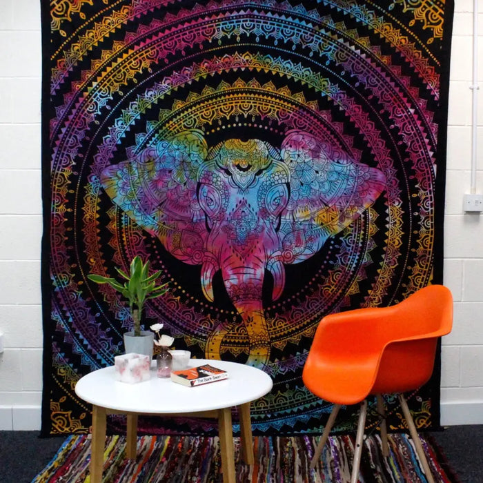 Vibrant rainbow-colored cotton bedspread wall hanging with intricate elephant head mandala design