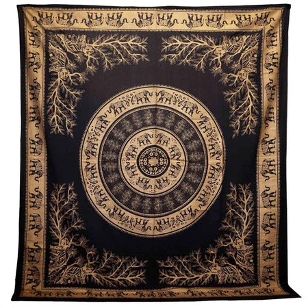 Double cotton bedspread with black and gold elephant mandala and intricate tree branch patterns for wall hanging or bedding