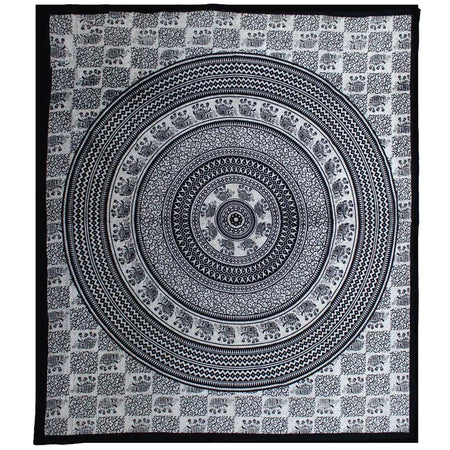 Black and white double cotton bedspread with intricate elephant mandala pattern used as wall hanging