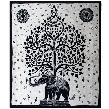Black and white embroidered cotton bedspread with ornate elephant and tree design framed by circular patterns