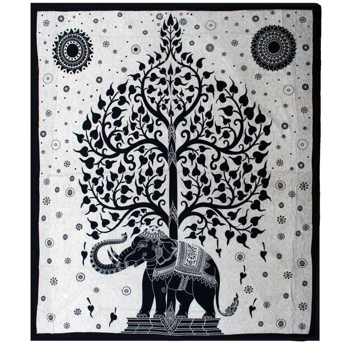 Black and white embroidered cotton bedspread with ornate elephant and tree design framed by circular patterns