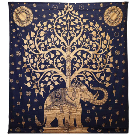 A navy blue double cotton bedspread with a golden tree of life and a decorated elephant design