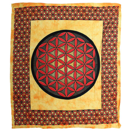 Square cotton bedspread wall hanging with tie-dyed orange yellow fabric and red black flower of life design