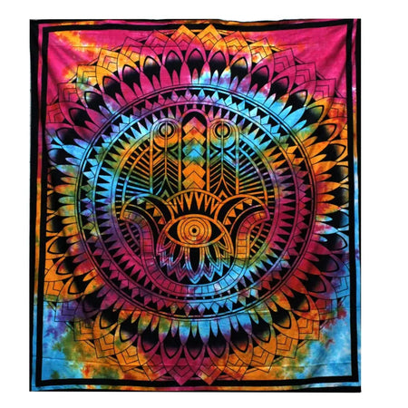 Double cotton bedspread with vibrant rainbow tie-dye hamsa hand and geometric patterns for wall hanging or bedding