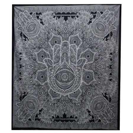 Black and white double cotton bedspread wall hanging with hamsa eye and floral symmetrical design