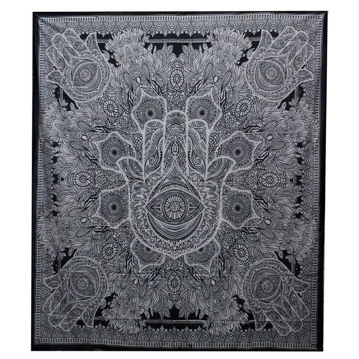 Couvre-lit / Tenture murale double en coton - Hamsa - Noir et blanc
