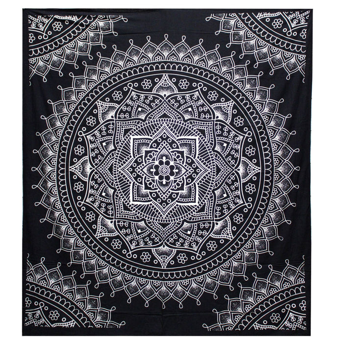 Couvre-lit / tenture murale double en coton - Fleur de lotus - Noir et blanc