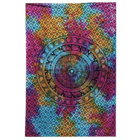 Double cotton bedspread with vibrant rainbow tie-dye mandala elephant design and intricate black patterns wall hanging