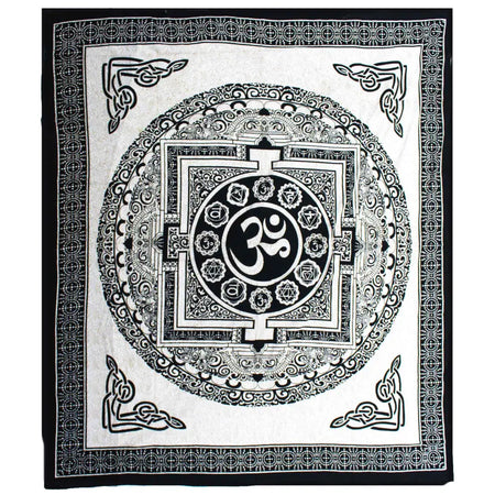 Black and white double cotton bedspread and wall hanging with om mandala and chakra symbols in geometric patterns