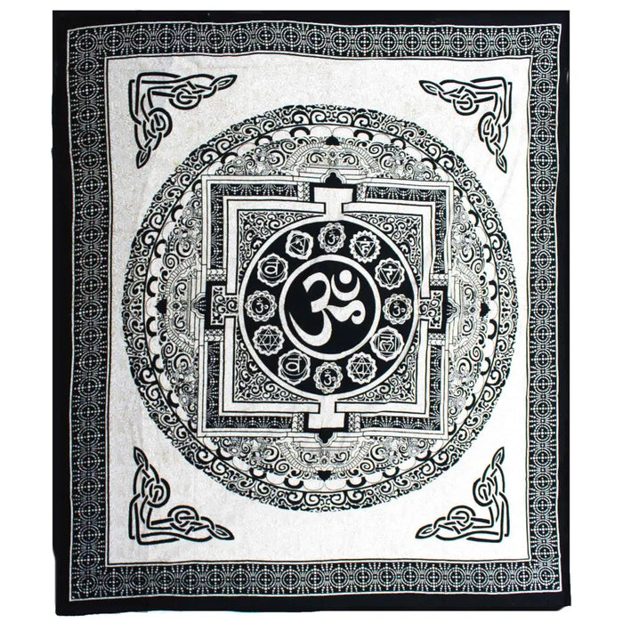 Black and white double cotton bedspread and wall hanging with om mandala and chakra symbols in geometric patterns
