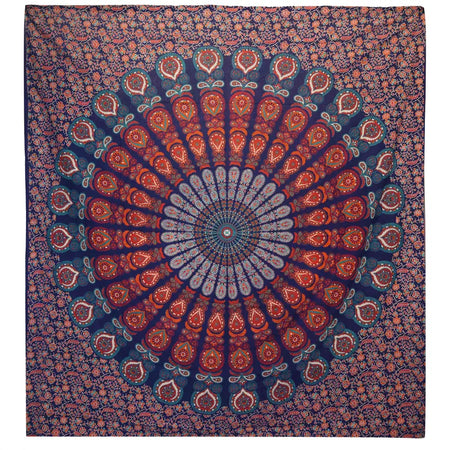 A cotton bedspread wall hanging with a vibrant peacock mandala design in rich reds teals and deep blues on dark background