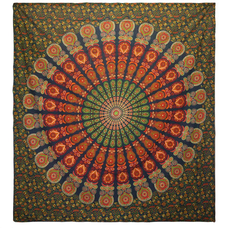 Double cotton bedspread wall hanging with vibrant orange and green mandala paisley designs on a dark background
