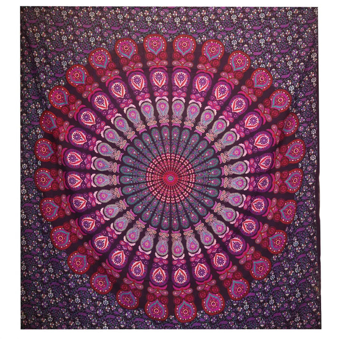 Double cotton bedspread with vibrant purple and pink peacock mandala design and intricate paisley patterns