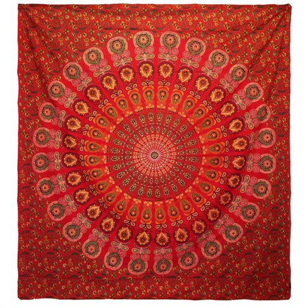 Double cotton bedspread with a vibrant red peacock mandala and intricate paisley floral patterns in orange green and brown hues