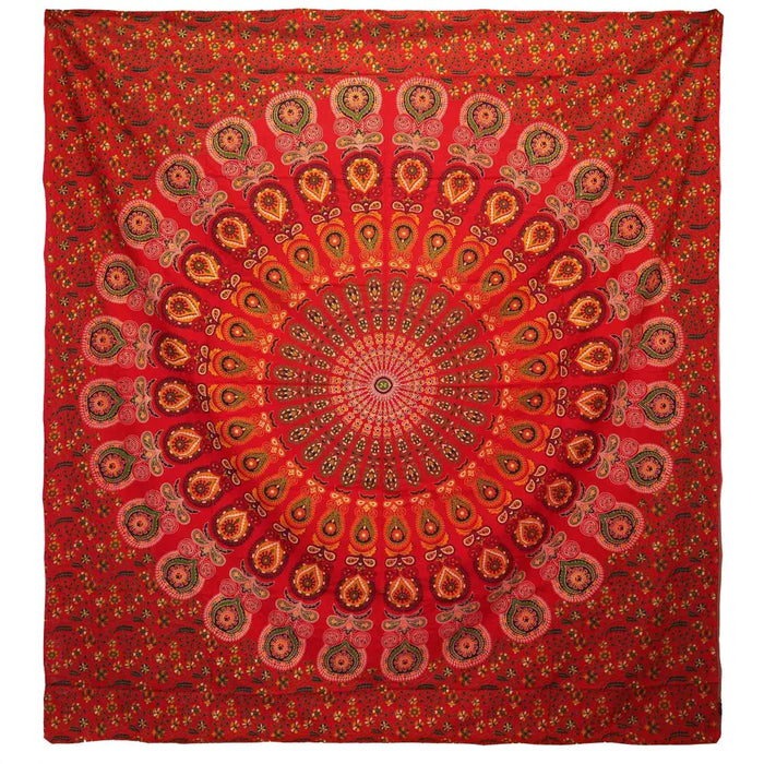 Double cotton bedspread with a vibrant red peacock mandala and intricate paisley floral patterns in orange green and brown hues