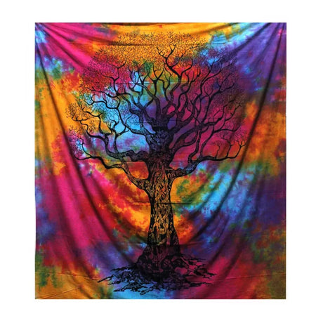 Vibrant tie-dye double cotton bedspread with black detailed winter tree silhouette and rainbow background swirl