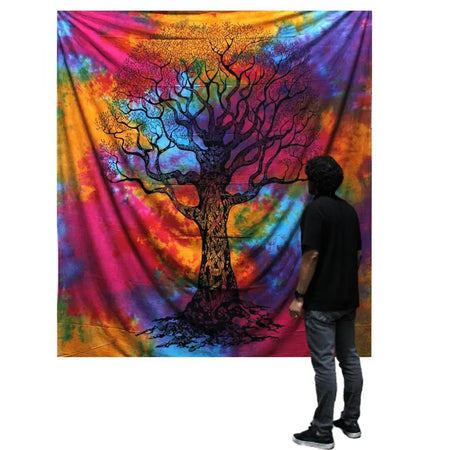 Double cotton bedspread with vibrant rainbow tie-dye and black outlined tree of life design for wall hanging or bed use