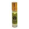 A small clear glass bottle with golden cap and olive green jasmine label of dream spirit roll-on perfume oil